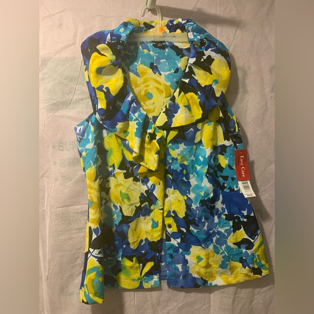 RAFAELLa womens tops button up with ruff collar .. colorful sleeveless L